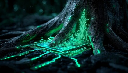 A captivating blend of nature and technology, showcasing a glowing tree root integrated with intricate circuit designs.