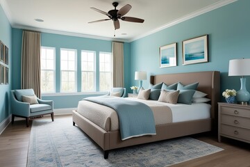 Wall Mural - Calm Bedroom Decor with Taupe Bed and Soothing Light Blue Walls