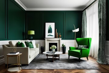 Wall Mural - Stylish Modern Living Room Featuring Green Armchair Against Sophisticated Dark Green Wall