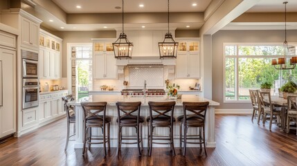 Wall Mural - A luxurious, traditional kitchen in a new home, complete with elegant pendant lights, a large quartz island, and hardwood flooring.