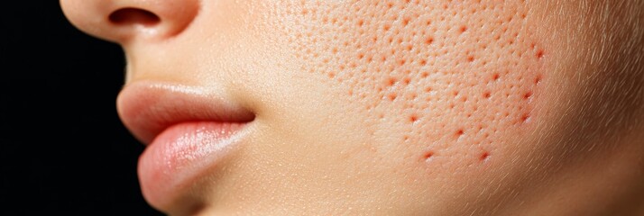 Close-up of Acne Scars on a Person's Face, showing the texture and impact of acne scars on the skin. This image is ideal for illustrating skin conditions, skincare treatments, and the effects of acne.