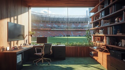 Wall Mural - A minimalist home office with natural lighting, set against a sports stadium backdrop.