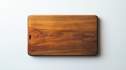 A wooden cutting board lies alone on a plain white backdrop, its smooth surface and rich brown hue contrasting sharply against the stark surroundings. The board's rectangular shape