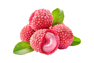 Closeup of fresh lychee fruit with vibrant green leaves isolated on a white background. Concept of tropical fruits and healthy eating