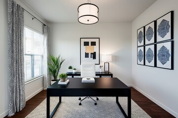 Wall Mural - Stylish Modern Office Workspace with Black Desk and White Wall D�cor