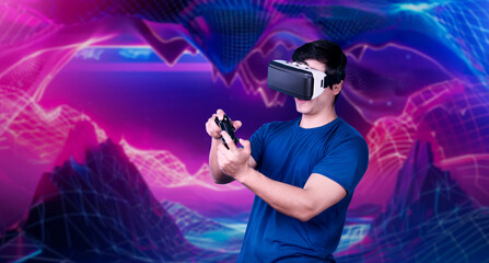 Professional gamer wearing VR headset while holding joystick at pink and purple gradient background. Skilled player with casual cloth and using augmented reality technology at background. Ingenuity.