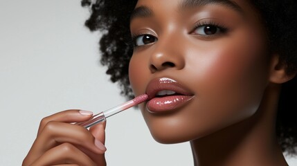 A woman is applying lip gloss to her lips. Concept of self-care and confidence, as the woman takes the time to enhance her appearance.