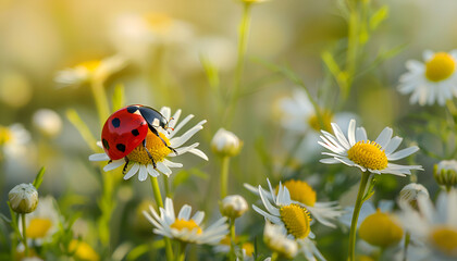 Wall Mural - Ladybug on daisy or camomile flower on bokeh nature background