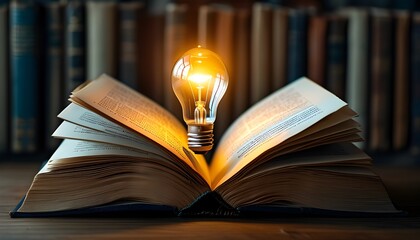 Wall Mural - Illuminating Pages of an Open Book with a Glowing Light Bulb Symbolizing the Enlightening Power of Education and Creative Thinking