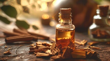 Wall Mural - Glass essential oil bottle with sandalwood pieces, earthy tones, calming effect, Close-up photo with clean background