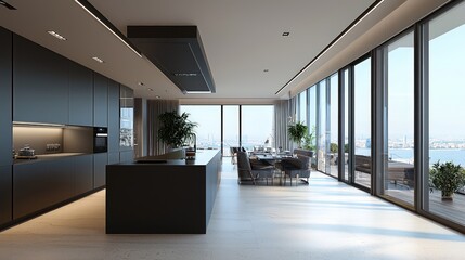 Wall Mural - A spacious and beautifully designed open plan kitchen in matte black, including a kitchen island and dining area, set against a backdrop of large windows.