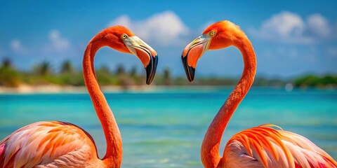 Close-up image of two American flamingos in the Caribbean