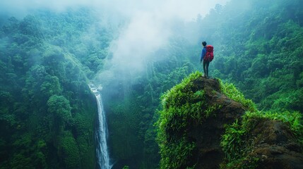 A traveler on a rocky peak in the tropical rainforest of 