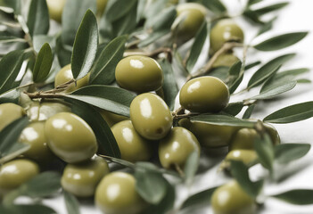 Wall Mural - Green olives with leaves isolated on transparent or white background