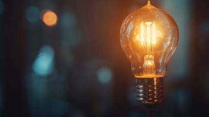 Poster - Light bulb glowing in a dark room symbolizing belief and ideas Close-up photo with clean background