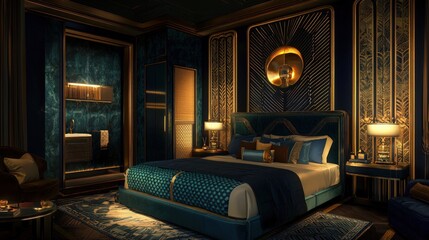 An Art Deco bedroom with geometric patterns and bold blue and gold colors, dimly lit for ambiance.