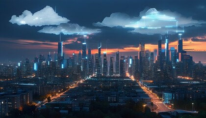 Wall Mural - Futuristic skyline of a smart city featuring illuminated cloud computing infrastructure and advanced technology elements