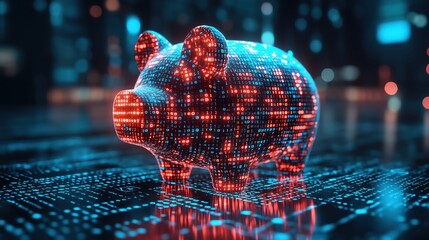 digital piggy bank made of binary code, glowing blue, representing fintech