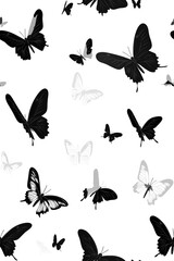 Poster - Elegant black and white butterfly pattern in different sizes on a white background, offering a minimalist yet striking design that is both simple and visually appealing.