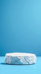 Poster - Minimalist display platforms with stone textures on blue background