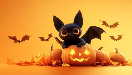 cute cartoon black bat sitting on top of Halloween pumpkins