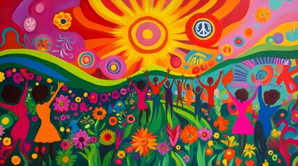 A vibrant and colorful hippie festival scene featuring people dancing in a field, adorned with flowers and peace signs