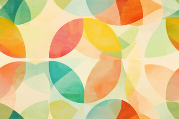 Poster - Abstract geometric pattern with overlapping colorful shapes, including circles and ellipses in shades of green, orange, yellow, and pink, creating a modern artistic design.