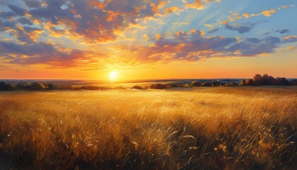 Wall Mural - Serene summer meadow bathed in golden sunset glow, showcasing the tranquil beauty of nature with a soft palette of warm autumn hues