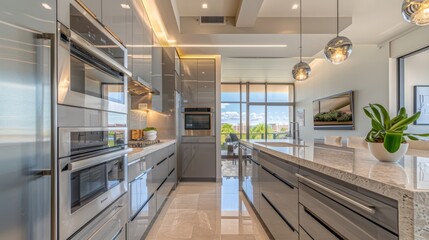 Poster - Modern apartment kitchen featuring light gray cabinets, a built-in oven, and a spacious countertop area. The design is enhanced by stylish pendant lights 