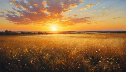 Wall Mural - Serene summer meadow bathed in golden sunset glow, showcasing the tranquil beauty of nature with a soft palette of warm autumn hues