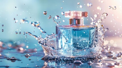 Modern perfume bottle with water splash effect on bright backdrop Close-up photo with clean background