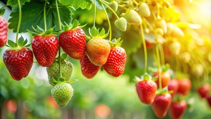 Close-Up, Ripe, Juicy, Strawberries, Hanging, Green Vines, Sunlit Garden