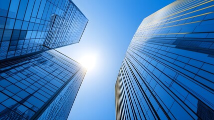 Modern skyscrapers reflecting sunlight with a clear blue sky in the background, featuring a minimalist design and ample copy space