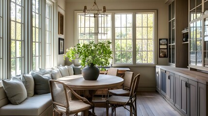 A cozy kitchen nook with a wooden table and chairs, surrounded by neutral-toned walls and ample natural light