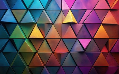 Futuristic, High Tech, rainbow background, with a triangular block structure. Wall texture with a 3D triangle tile pattern. 3D render --ar 8:5 --v 6.1 Job ID: 1354e624-8d8f-4725-9058-7c3a436d12f9