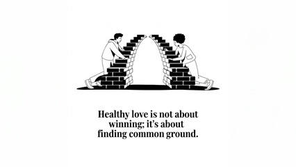 Two people work together to build an arch from bricks, symbolizing finding common ground in a relationship. The text emphasizes that healthy love is not about winning but about collaboration and under