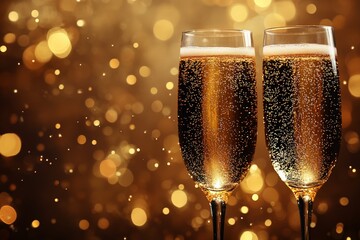 Two champagne glasses filled with bubbly champagne, surrounded by festive golden bokeh lights, symbolizing celebration and elegance.