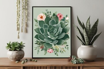 Wall Mural - Sage Succulent Wall Art Print in Soft Green Botanical Design for Boho Decor