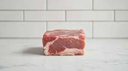 A chunk of raw pork neck on a white ceramic tile background, high-contrast lighting