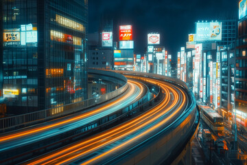 Wall Mural - Neon-lit futuristic cityscape with glowing light trails from traffic on an elevated highway, showcasing a vibrant urban atmosphere at night with skyscrapers and digital billboards