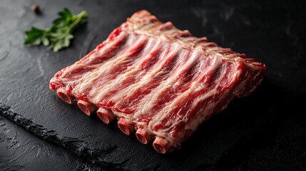 A raw pork rib rack, vibrant and fresh, resting on a dark slate surface with a minimalist backdrop, highlighting the fine details of the meat