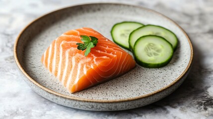 Clean, minimalist plate with a piece of raw salmon and sliced cucumbers