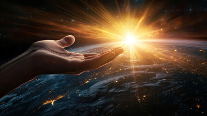 Wall Mural - A divine hand reaching out to touch earth with light and energy