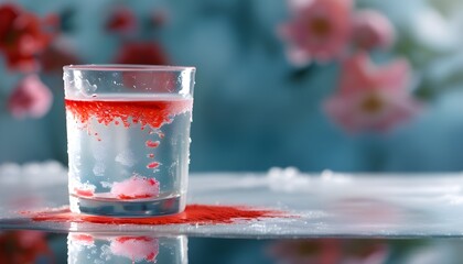 Wall Mural - Chilled Glass of Water with Lipstick-Stained Rim and Icy Condensation Offering a Nostalgic Touch and Ample Copy Space