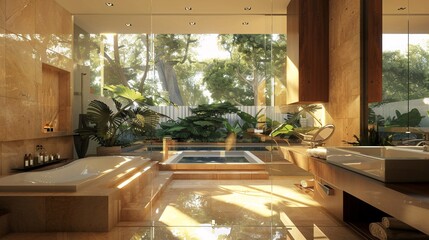 Wall Mural - Luxurious Modern Bathroom with Tropical View and Natural Light