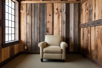 Wall Mural - Rustic Barn Style Waiting Area with Beige Armchair and Weathered Wood Wall