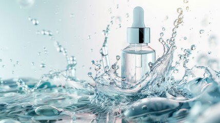 Poster - Serum bottle and dynamic water splash, light backdrop, Close-up photo with clean background