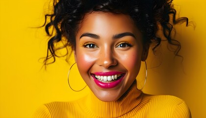 Wall Mural - Joyful Surprise Illuminating a Young Womans Radiant Expression Against a Vibrant Yellow Backdrop