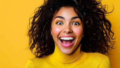 Wall Mural - Joyful Surprise Illuminating a Young Womans Radiant Expression Against a Vibrant Yellow Backdrop