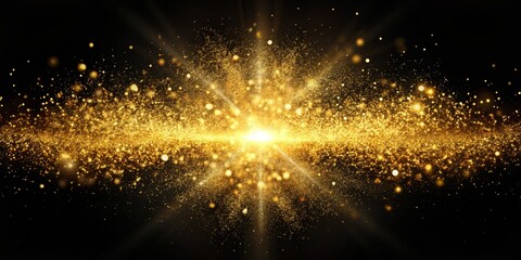 Golden Sparkles Burst in the Night, digital art, abstract gold glitter particles on a black background, sparkly, shining, bright , glitter , gold , night , black